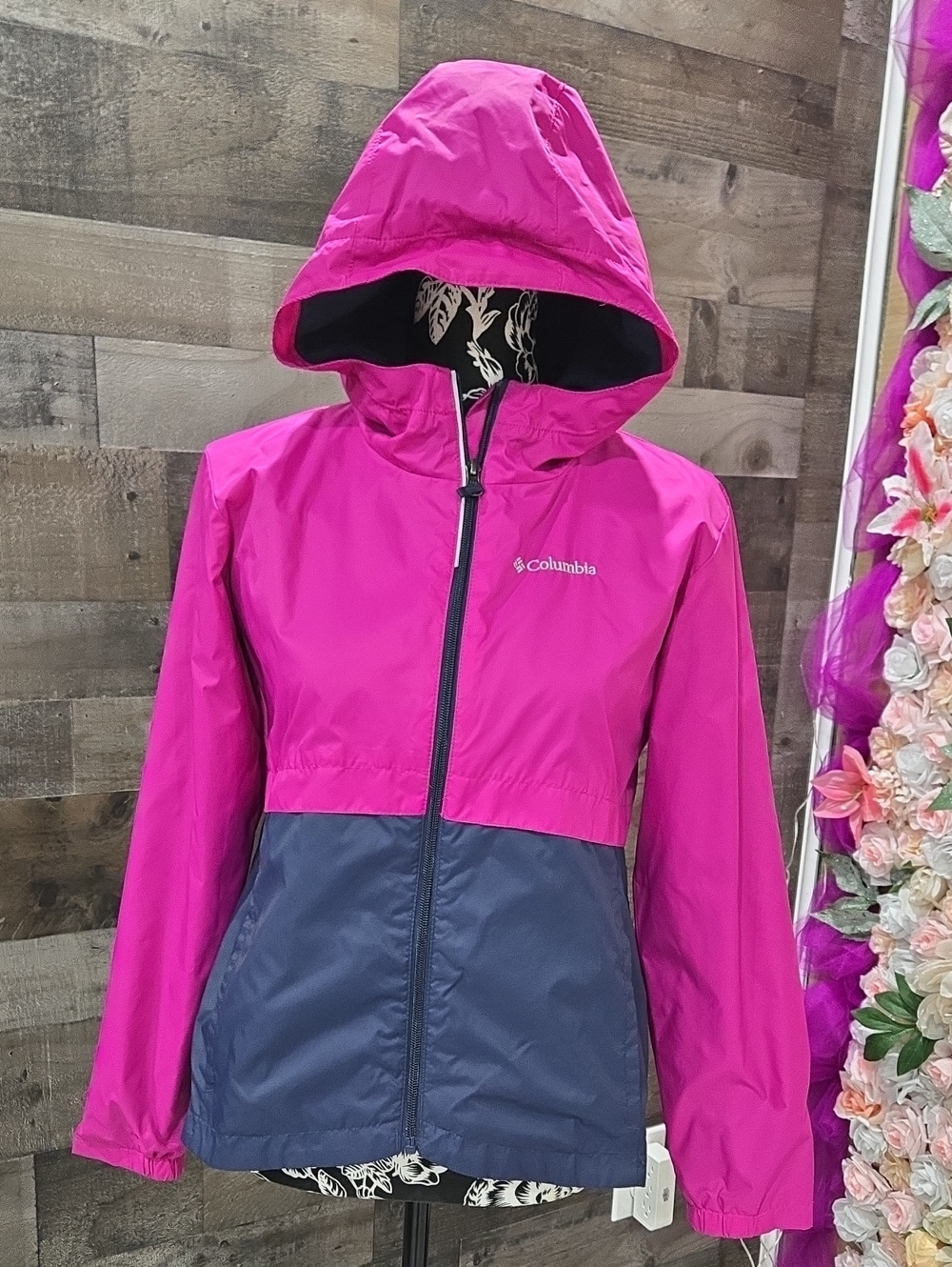Columbia Pink and Navy Two-Tone Kids Raincoat with Hood